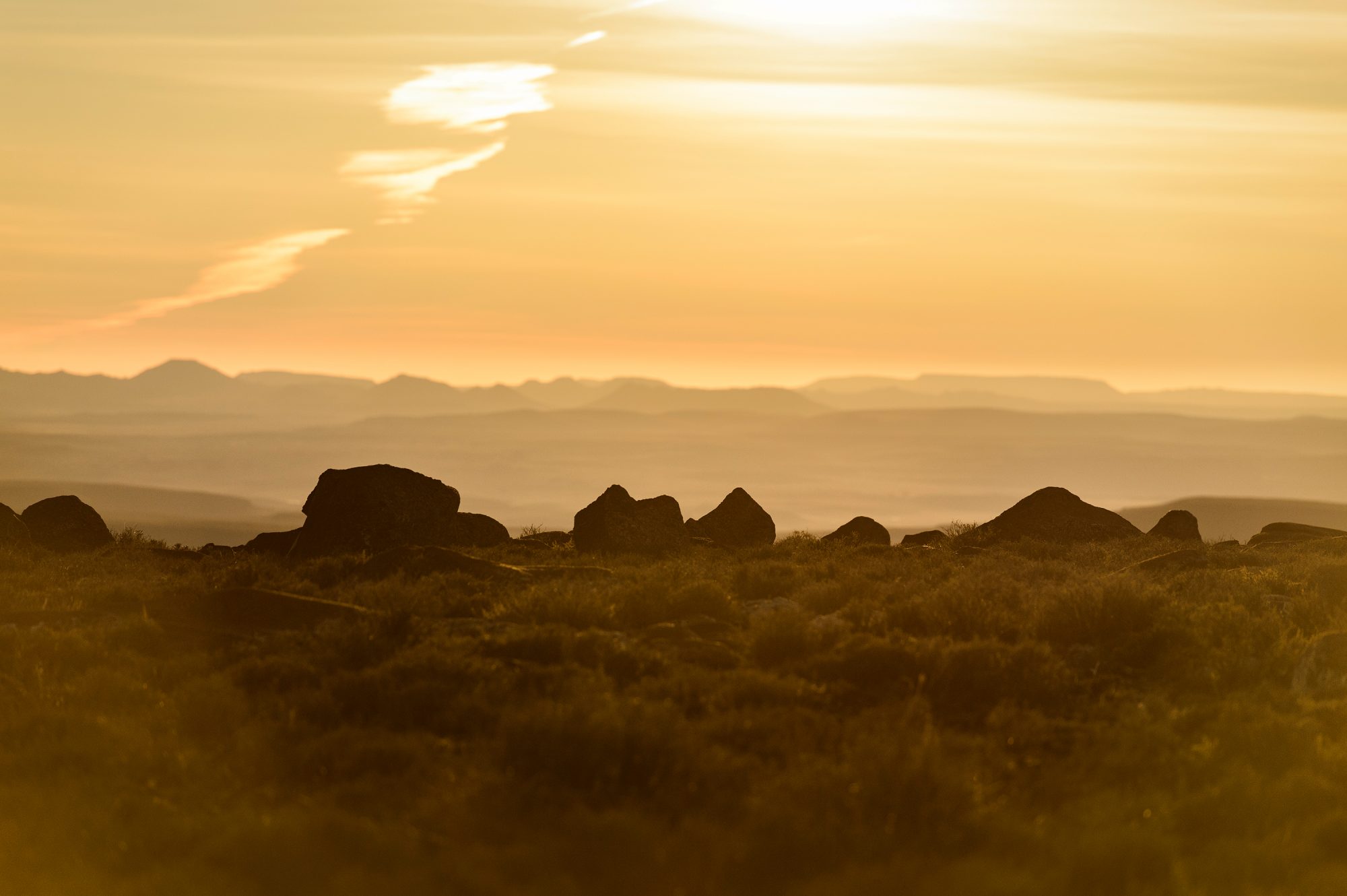 A dramatic scene of South Africa at dusk with mountains in the background, deep yellow hues, rocks and low brush in the foreground.
