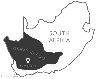 Map of South Africa designating the Great Karoo landscape area with the city of Sutherland.