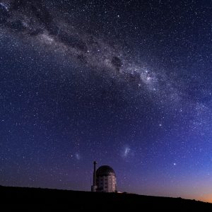 Southern African Large Telescope under a starry sky with a visible Milky Way