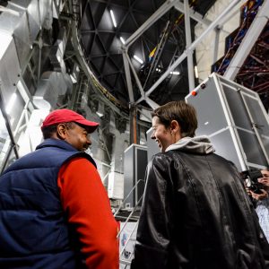 UW astronomy professor Eric Wilcots and graduate student Julie Davis take in the immensity of the SALT interior