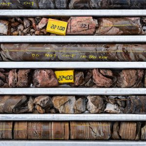 Rows of rock samples aligned in a metal tray.