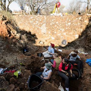 Five field school students at the bottom of a shallow archaeological site digging on a bright day.