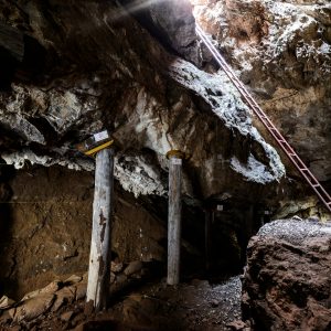 Support wooden beams within a cave, a ladder ascending to the light