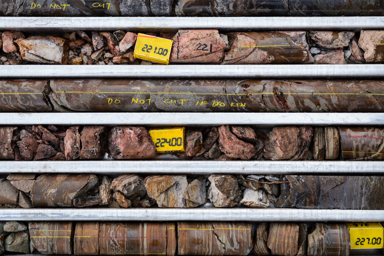 Rows of rock samples aligned in a metal tray.